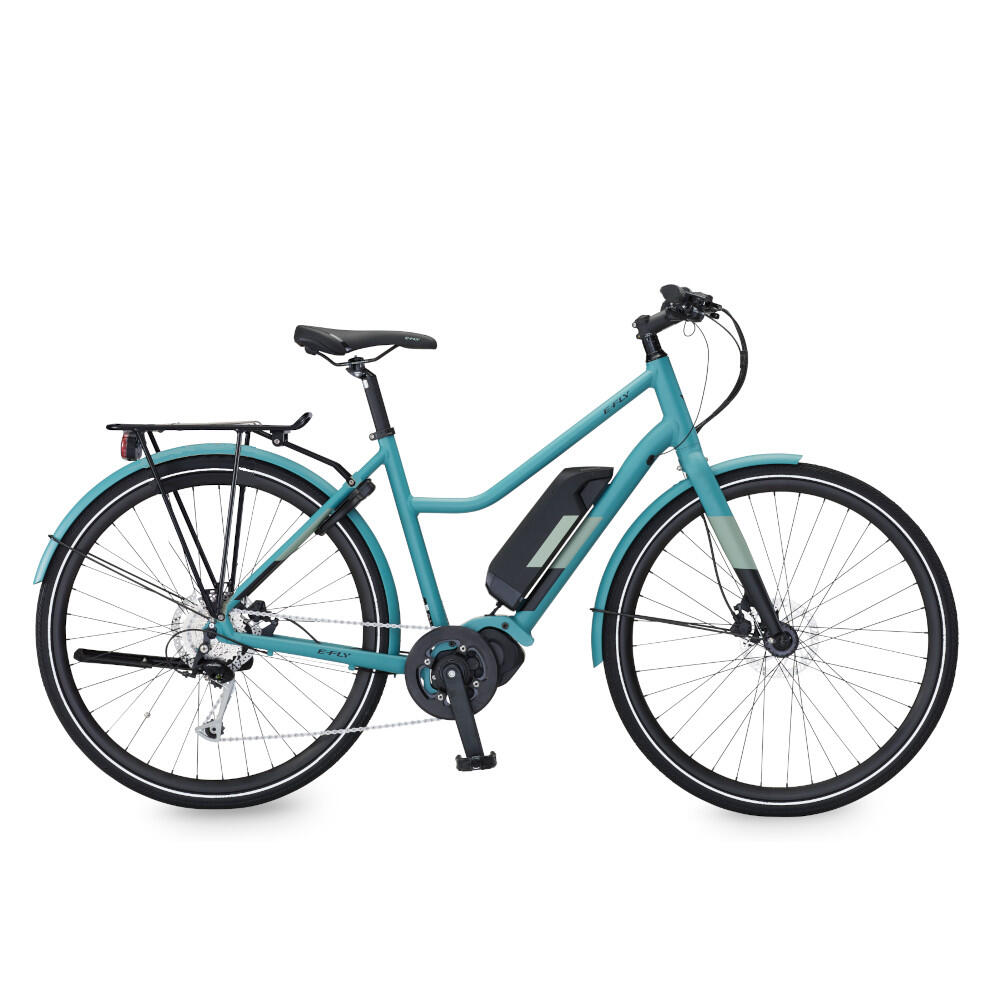 Elcykel i grøn af mærket E-Fly Pace. Elcyklen er udstyret med shimano centermotor.