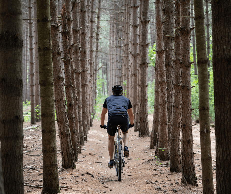 Mand på cykel i en skov