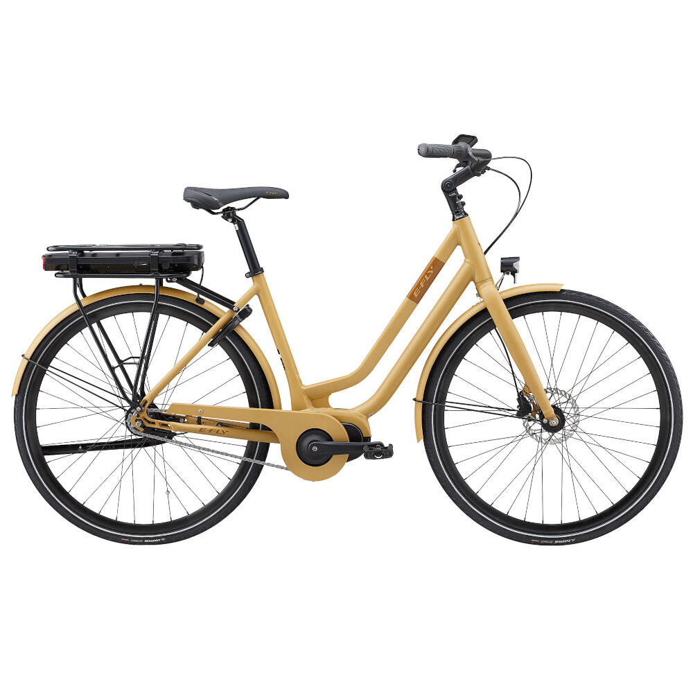 Smart gul elcykel fra E-fly- E-fly Via Neo er udstyret med centermotor og hydrauliske skivebremser for og bag.