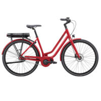 Rød elcykel med centermotor og lav indstigning, En lækker og komfarbatel E-Fly Via Neo