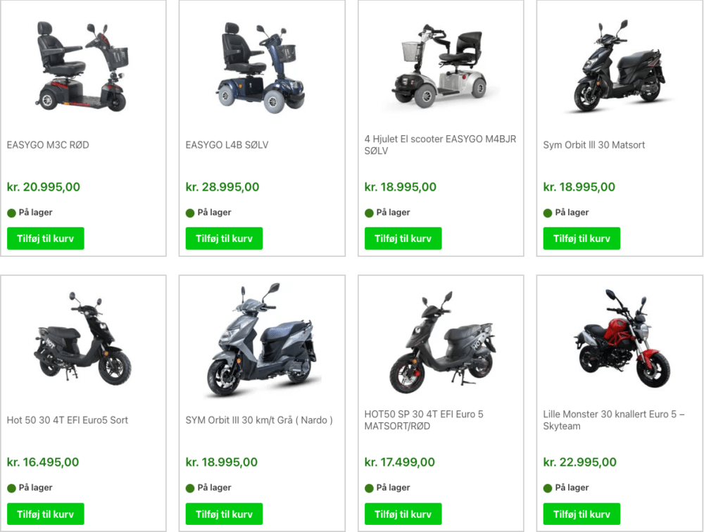 Trehjulet og firehjulet scootere og knallerter