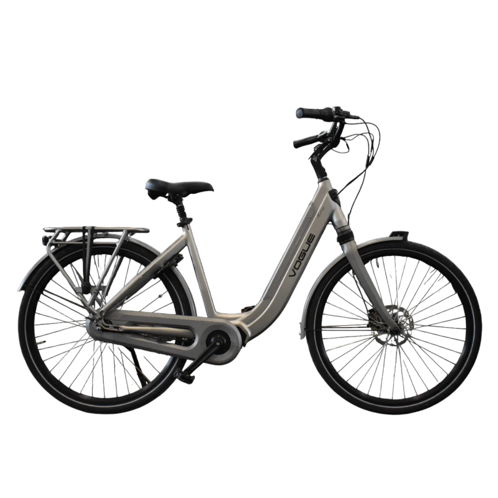 Grå Vogue Mestengo elcykel med stelmonteret batteri på hvid baggrund.