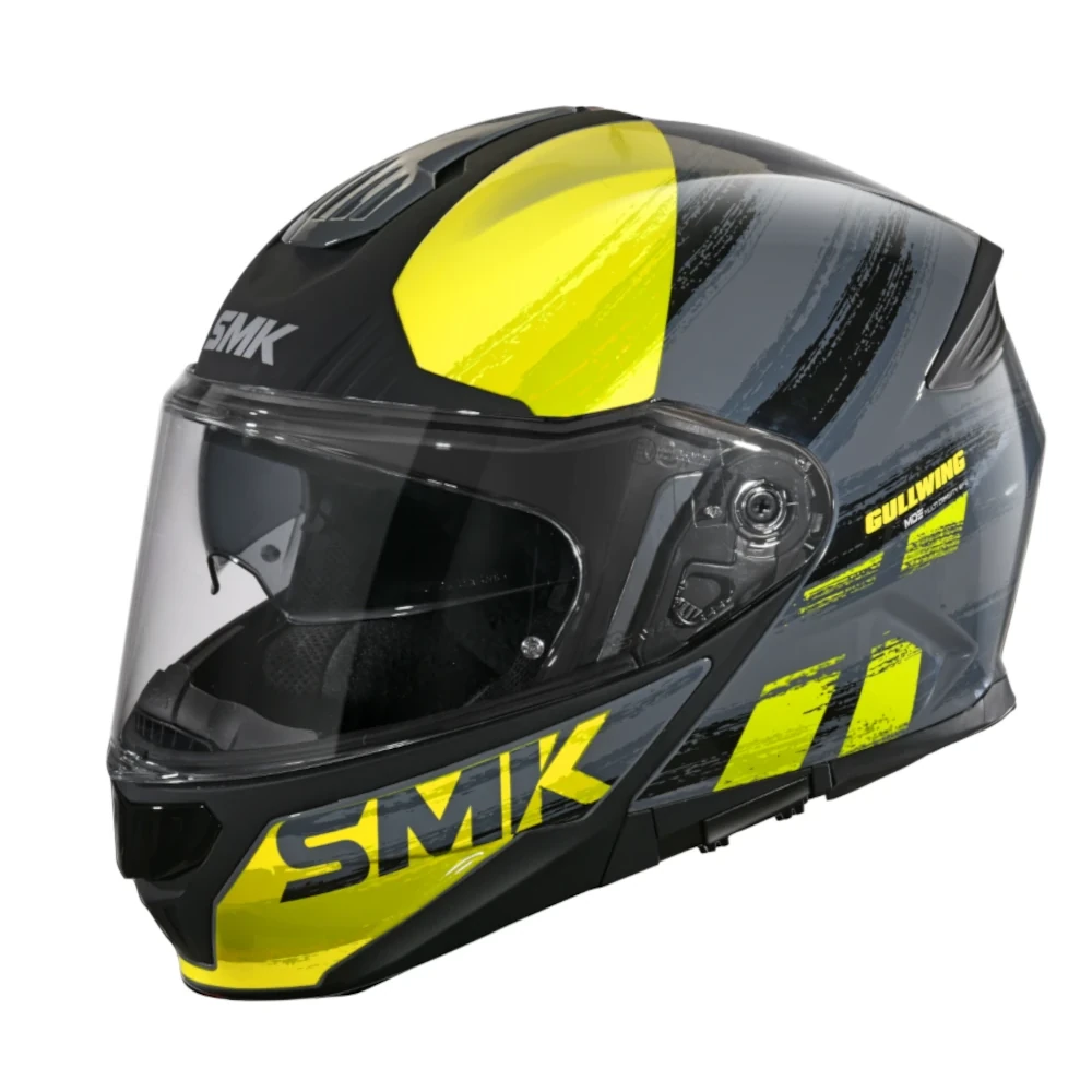 SMK Gullwing Flip-Up Scooterhjelm. Sort/gul SMK Gullwing Black scooterhjelm med flip-up funktion og solvisir, sporty design til både by- og langdistancekørsel.