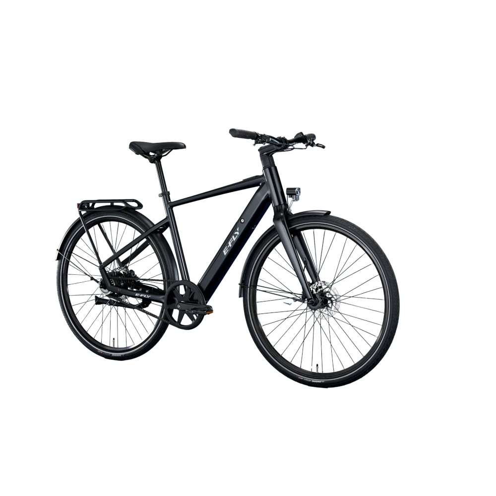 Mat sort E-Fly Eos herre-elcykel stående mod hvid baggrund.