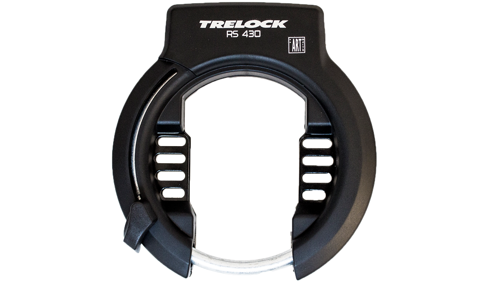 Sort Trelock RS 430 ringlås monteret på en cykelramme