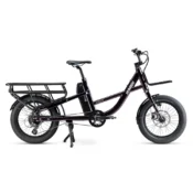 Humber Flex LT elcykel i lilla med baghjulsmotor, Promovec 250W motor, AVS+ bagagebærere og 20 x 3.0” dæk på hvid baggrund.