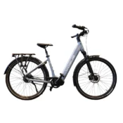 Elcykel Vogue Pantheon med centermotor og remtræk i matgrå og blå med integreret batteri