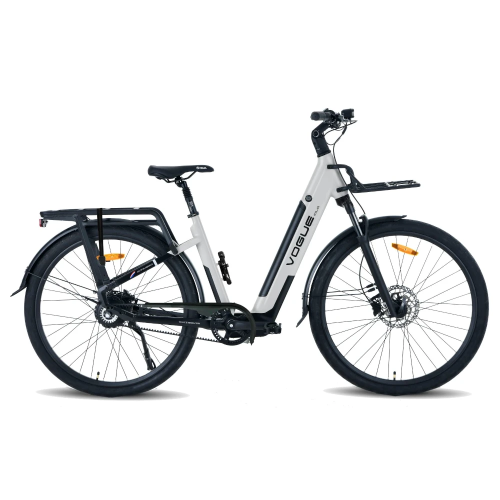 Elcykel Vogue Milo baghjulsmotor med remtræk i Fashion Grey set fra siden med lav indstigning og frontlad