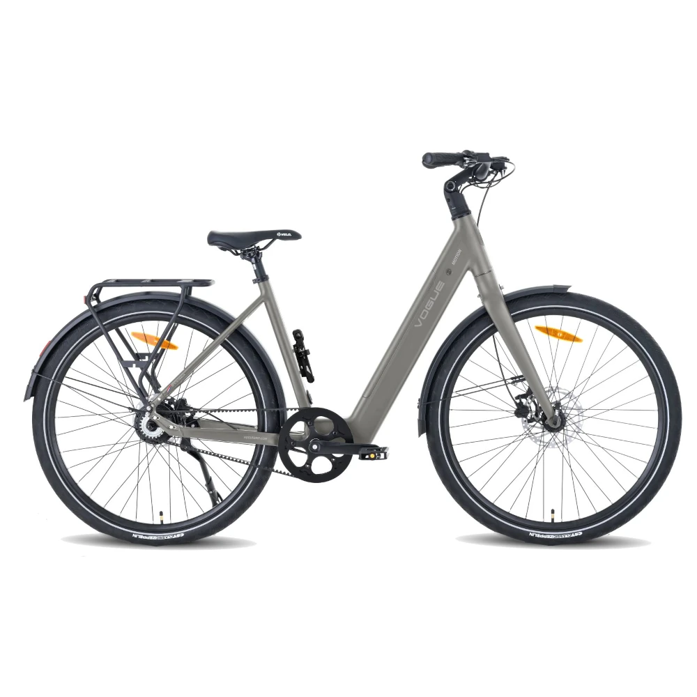 Mat Titanium Grey Vogue Motion elcykel med baghjulsmotor, remtræk og integreret batteri til bykørsel og pendling