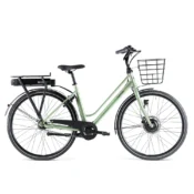 Batribike Flow E1 elcykel med forhjulsmotor i farven Lint Shiny med kurv og bagagebærer