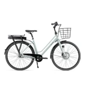 Batribike Flow E1 elcykel med forhjulsmotor i farven grå med kurv og bagagebærer