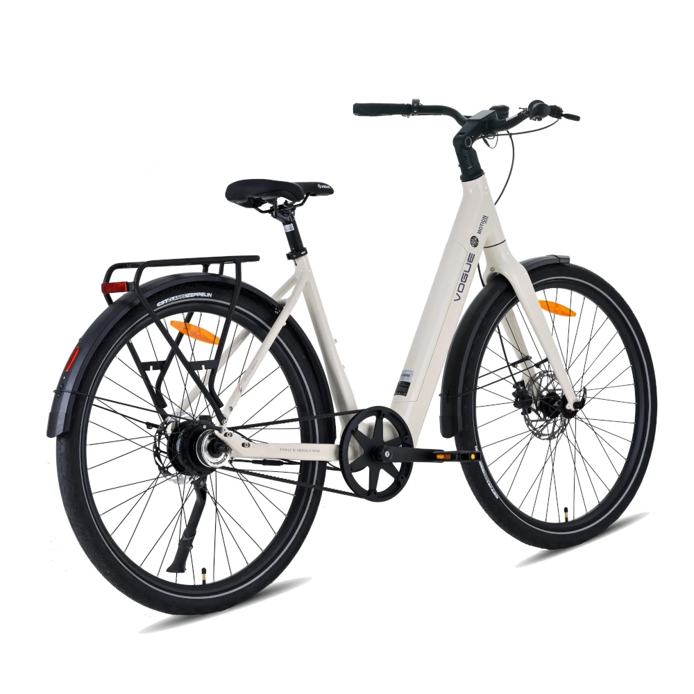 Vogue Motion Plus elcykel i Mat Fashion Grey med remtræk, automatgear og Bafang baghjulsmotor.