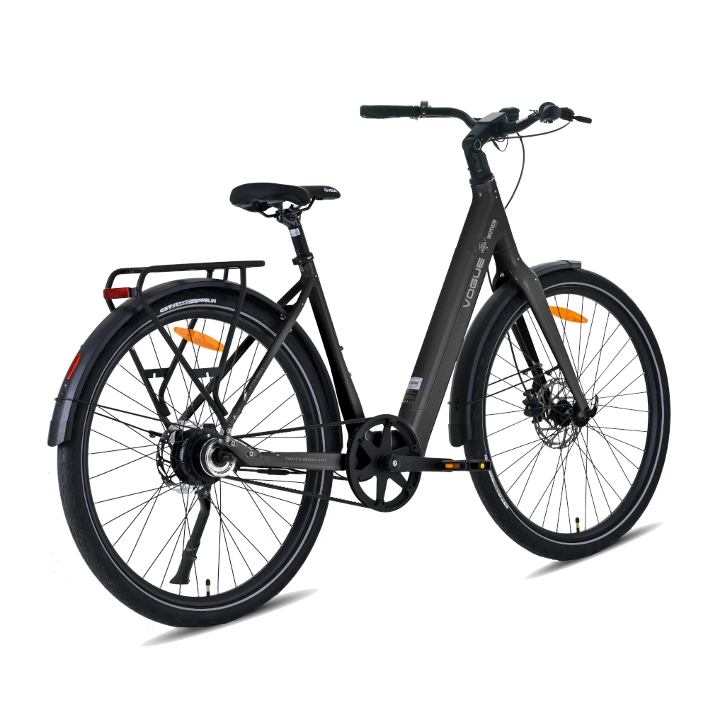 Vogue Motion Plus elcykel i mat sort med automatgear, remtræk og Bafang baghjulsmotor.