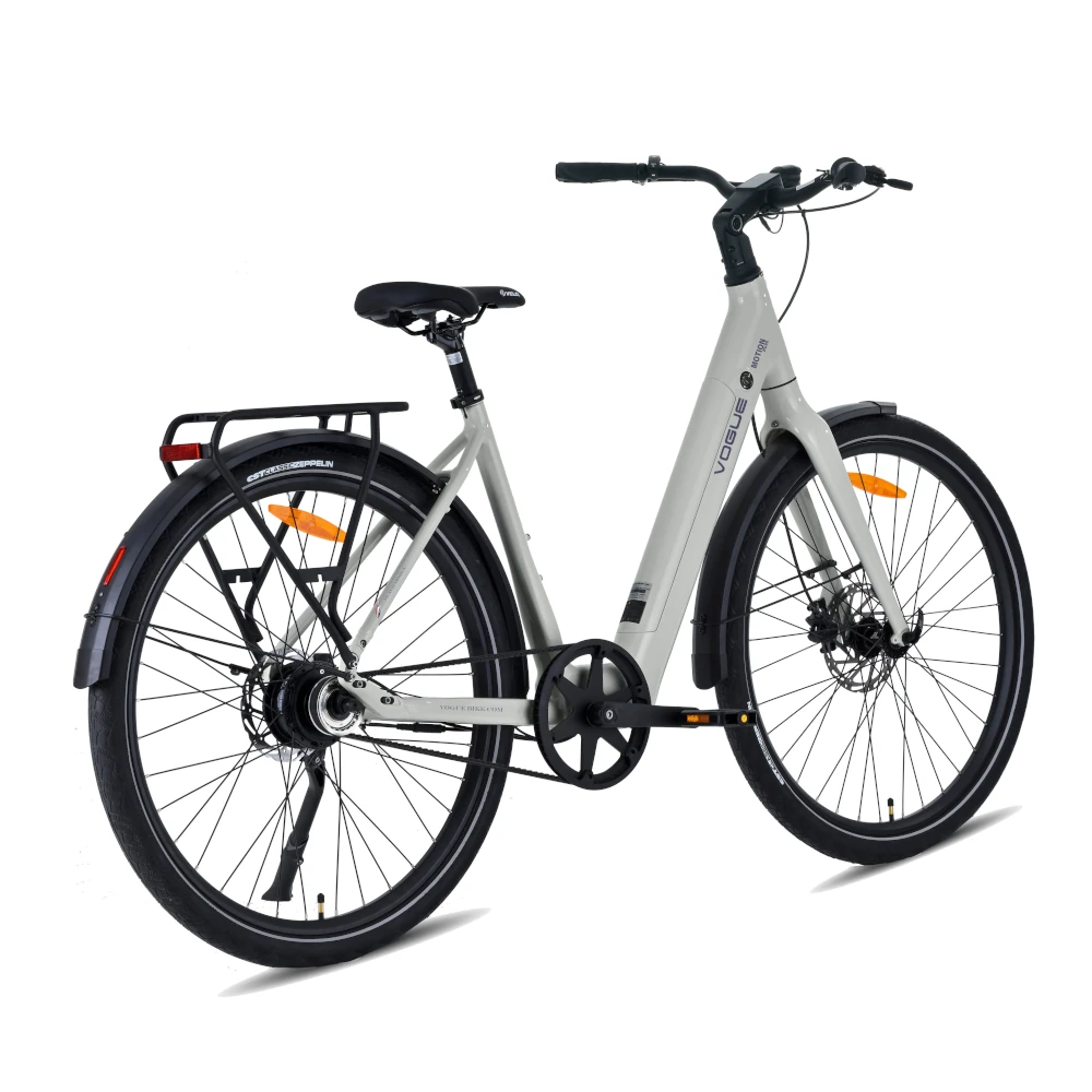 Vogue Motion Plus elcykel i Mouse Grey med remtræk, automatgear og Bafang baghjulsmotor.