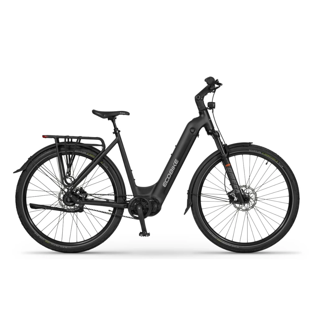 Ecobike LX400 sort elcykel med Bafang centermotor, Gates CDX remtræk, Shimano Nexus 7 gear og 900 Wh batteri.