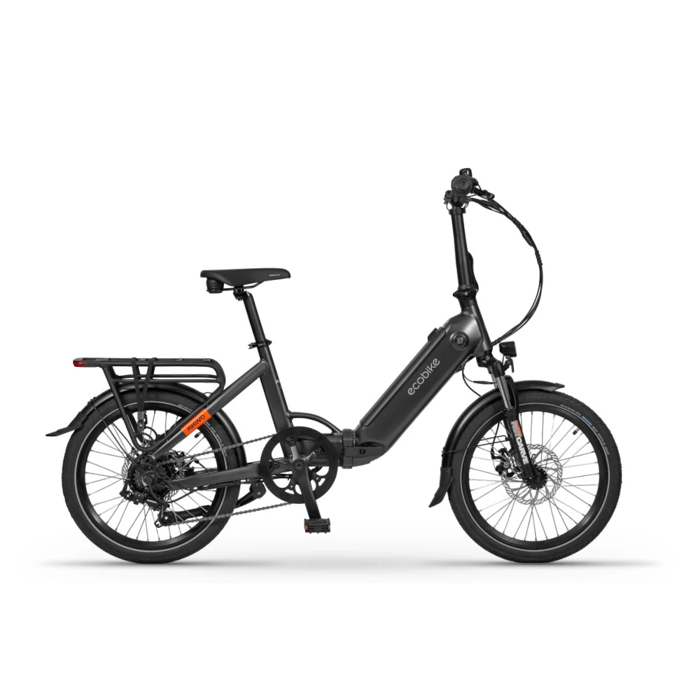 Ecobike Rhino Sort el foldecykel med baghjulsmotor, integreret batteri og foldbart design til camping, ferie og bykørsel.