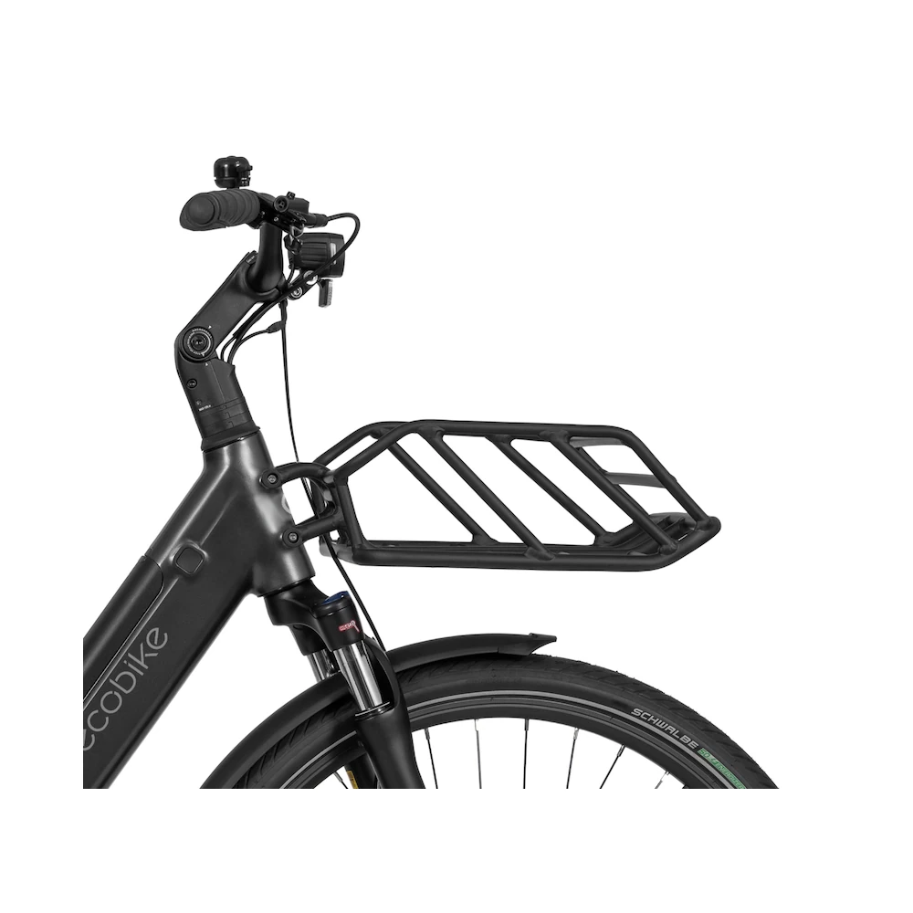 Frontlad monteret på Ecobike LX100 Automatic elcykel i sort til transport af tasker og mindre bagage
