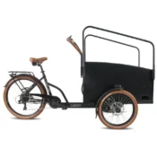 Vogue Caddy 3-hjulet el ladcykel i matsort og brun med BAFANG baghjulsmotor og stor ladkasse.