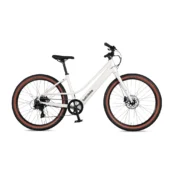 Batribike Route L elcykel i hvid med lav indstigning, Promovec baghjulsmotor, integreret batteri og 27,5 tommer hjul til komfortabel kørsel.