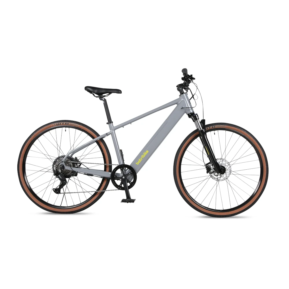 Batribike Tour M elcykel med Promovec baghjulsmotor i grå med integreret batteri og Shimano 8 gear.